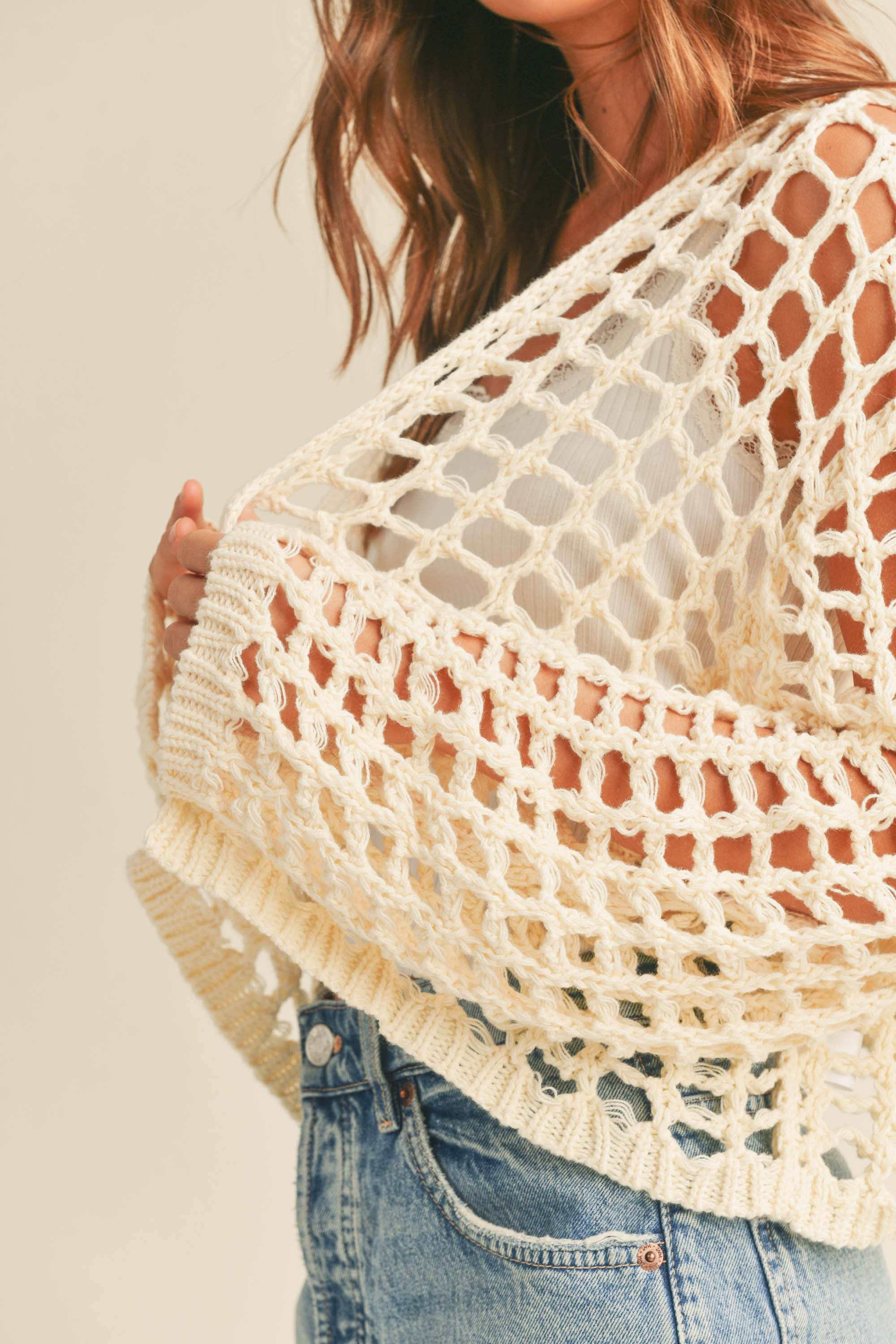 The Channing Crochet Knit Cropped Cardigan Sweater | Cream |