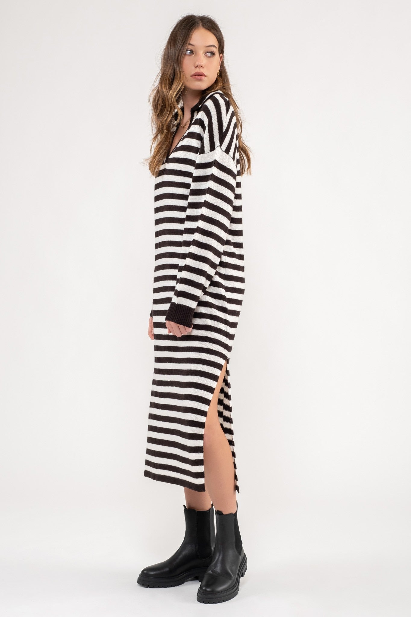 The Ashlyn Striped Midi Shirt Dress | Black |