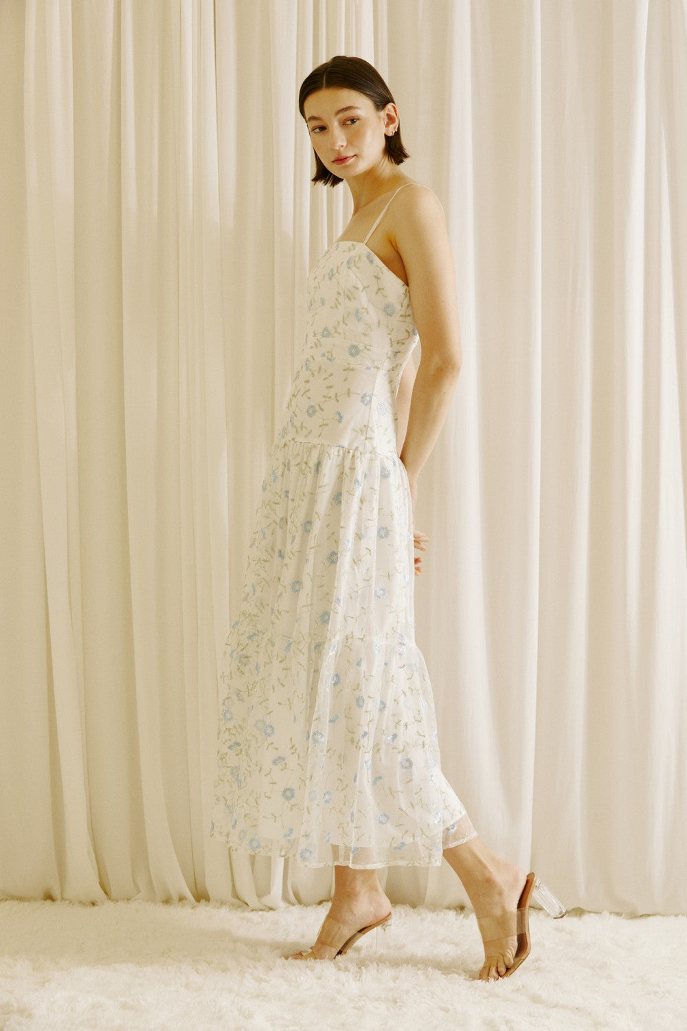 The Demi Embroidered Floral Midi Dress | White + Blue |