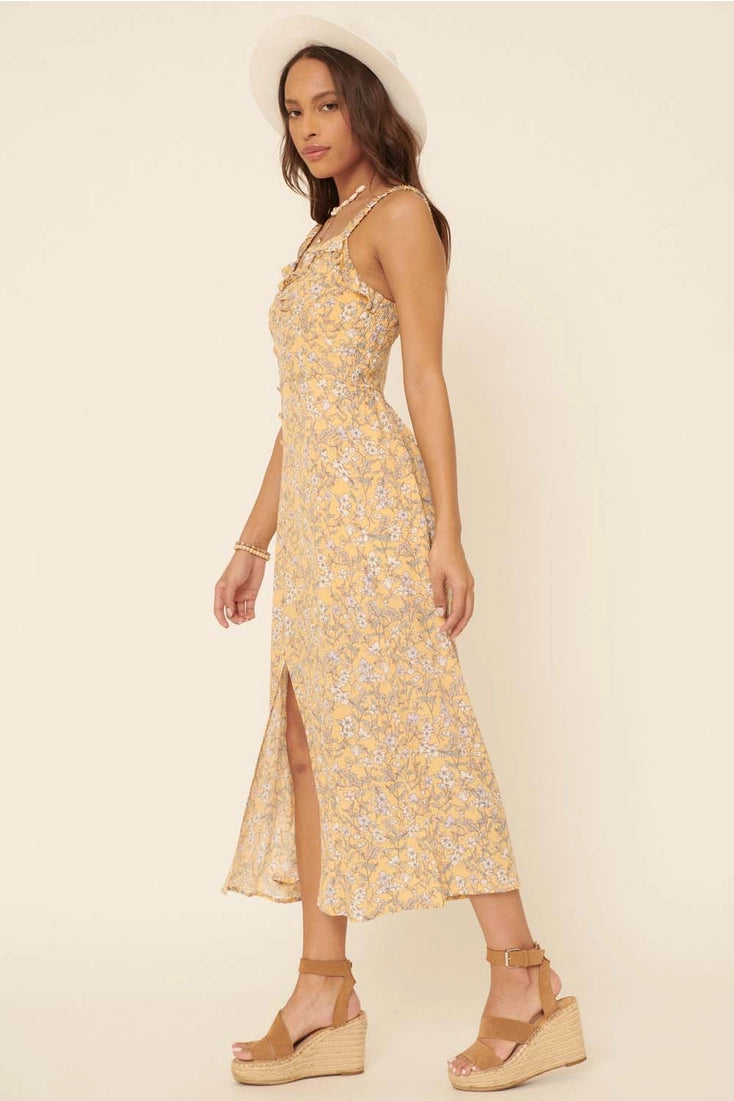 The Lauren Floral Sweetheart Button Up Maxi Dress | Yellow |