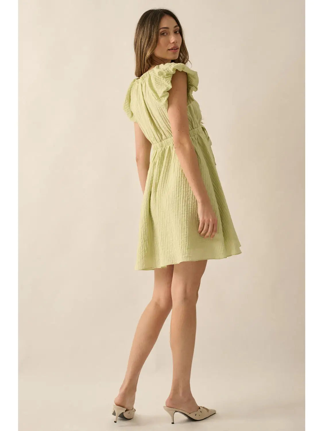 The Romy V-Neck Ruffle Sleeve Mini Dress | Lime Green |