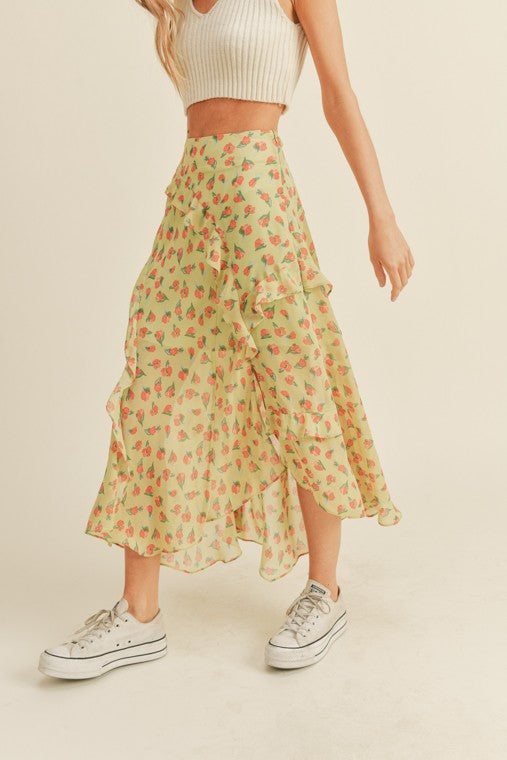 The Lily Floral Ruffle Midi Skirt | Lime |