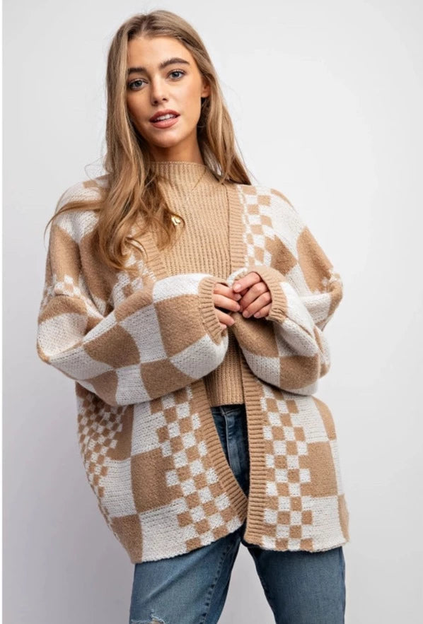 The Alex Mixed Checkered Knit Cardigan Sweater | Taupe