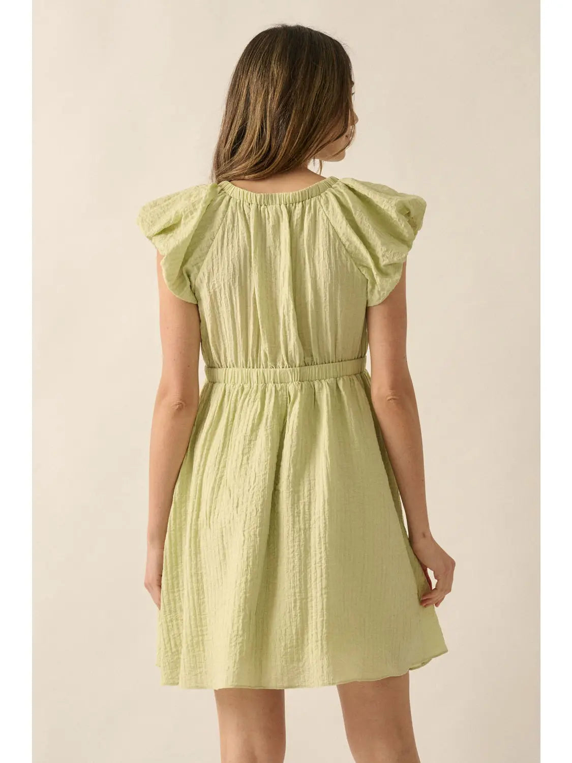 The Romy V-Neck Ruffle Sleeve Mini Dress | Lime Green |