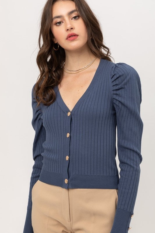 The Iris Puff Sleeve Cardigan Sweater Top | Blue Stone |
