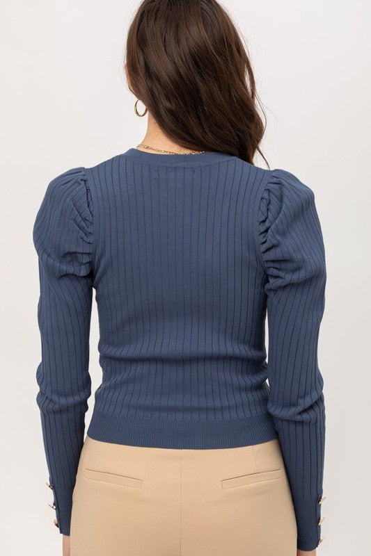 The Iris Puff Sleeve Cardigan Sweater Top | Blue Stone |