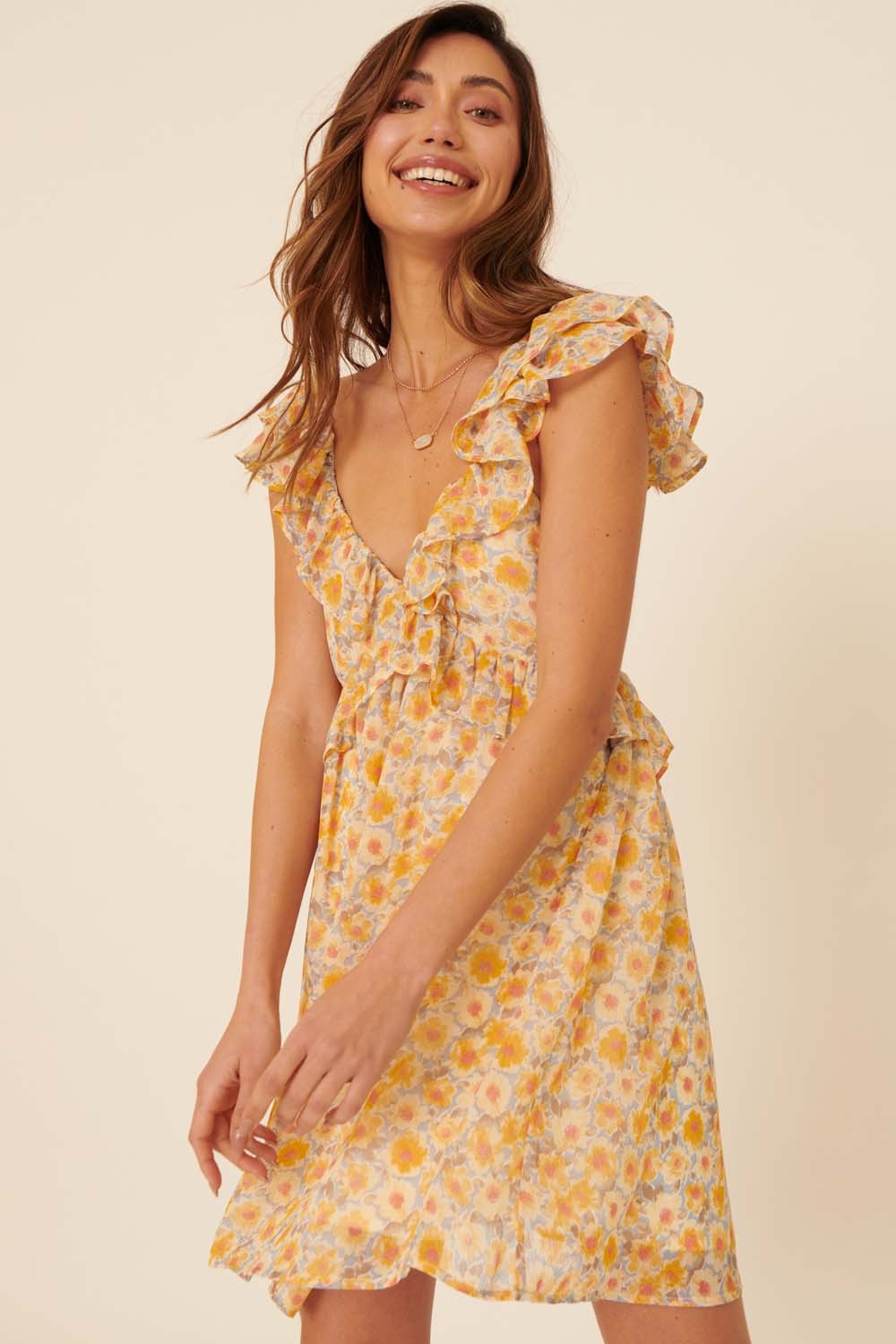 The Katie Floral Ruffle Mini Dress | Sunshine Yellow |