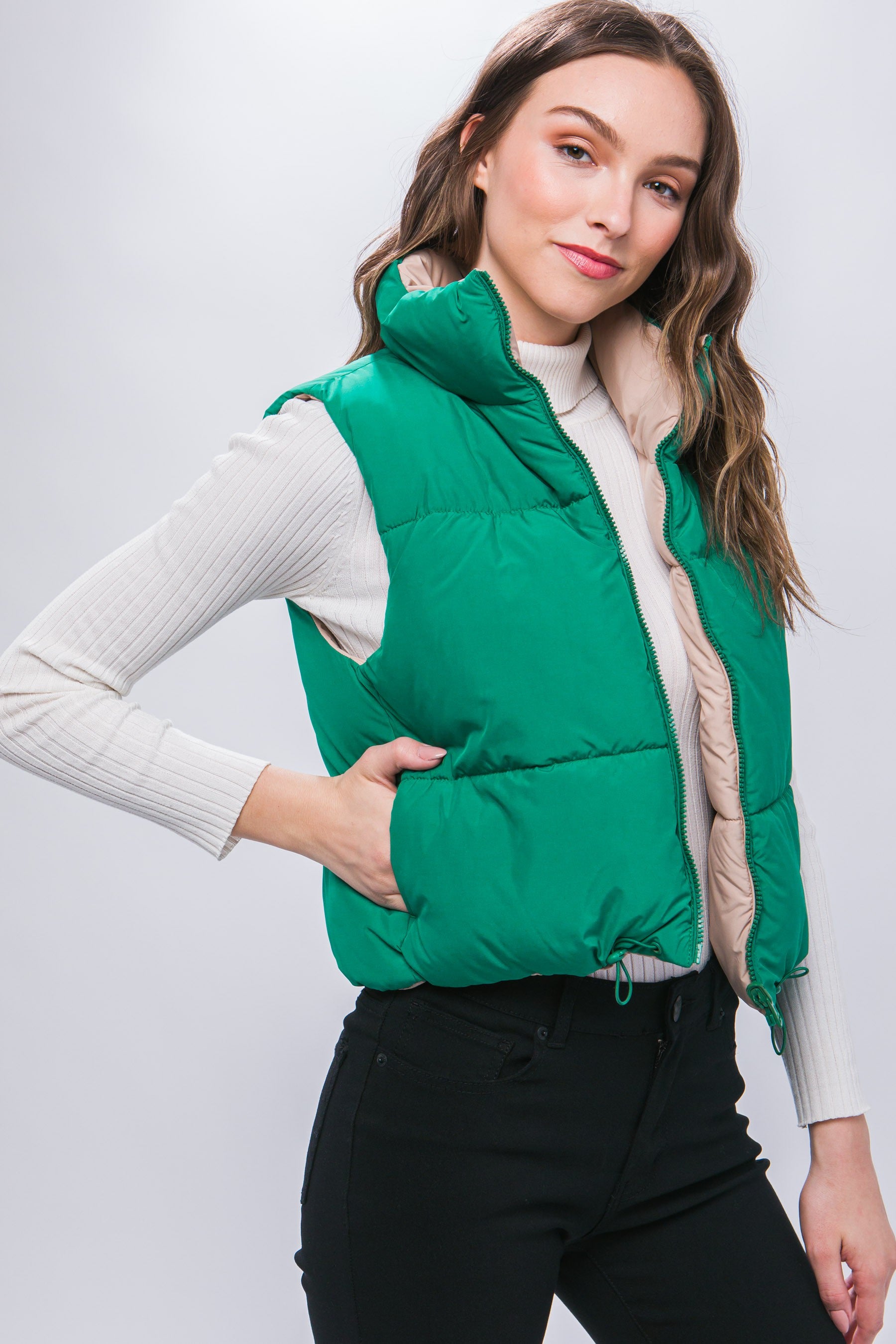The Kennedy Solid Reversible Puffer Vest | Green + Taupe |