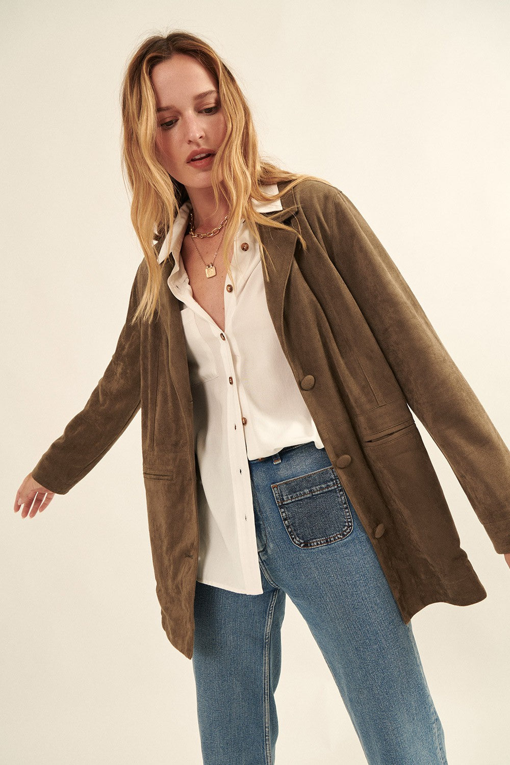 The Isabelle Lapel Collar Button Front Pocket Jacket | Olive |