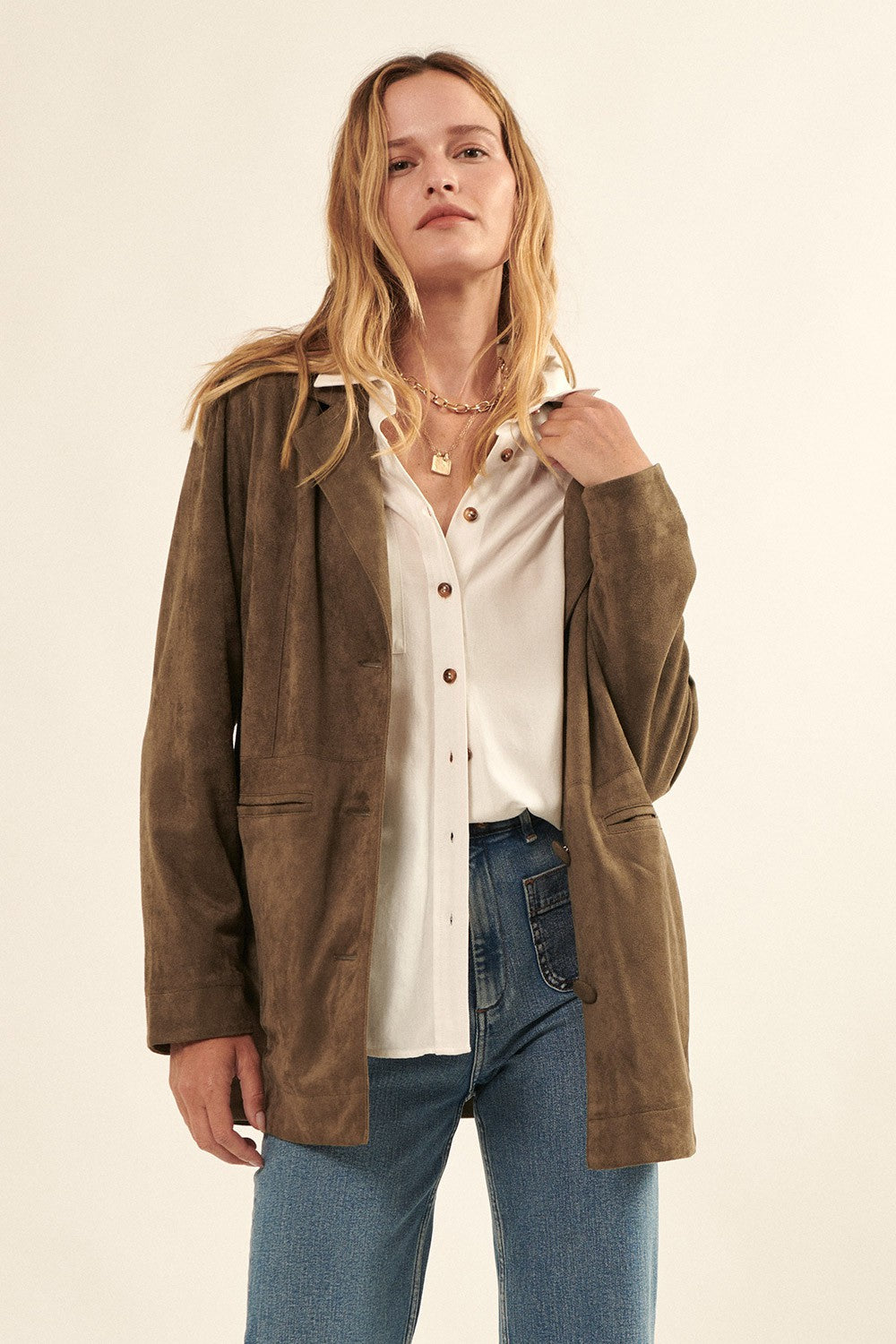 The Isabelle Lapel Collar Button Front Pocket Jacket | Olive |