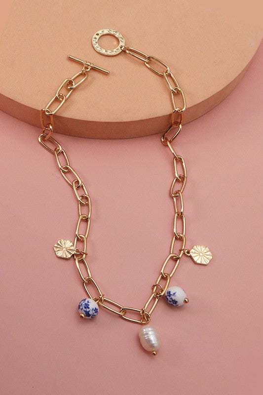 The Porcelain Bead Chain Link Necklace | Blue + White |