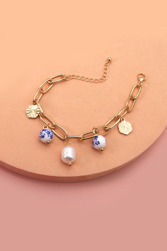 The Porcelain Bead Link Chain Bracelet | White + Blue |