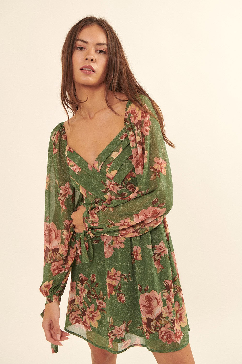 The Rylie Floral Sweetheart Neck Woven Dress | Sage Green |