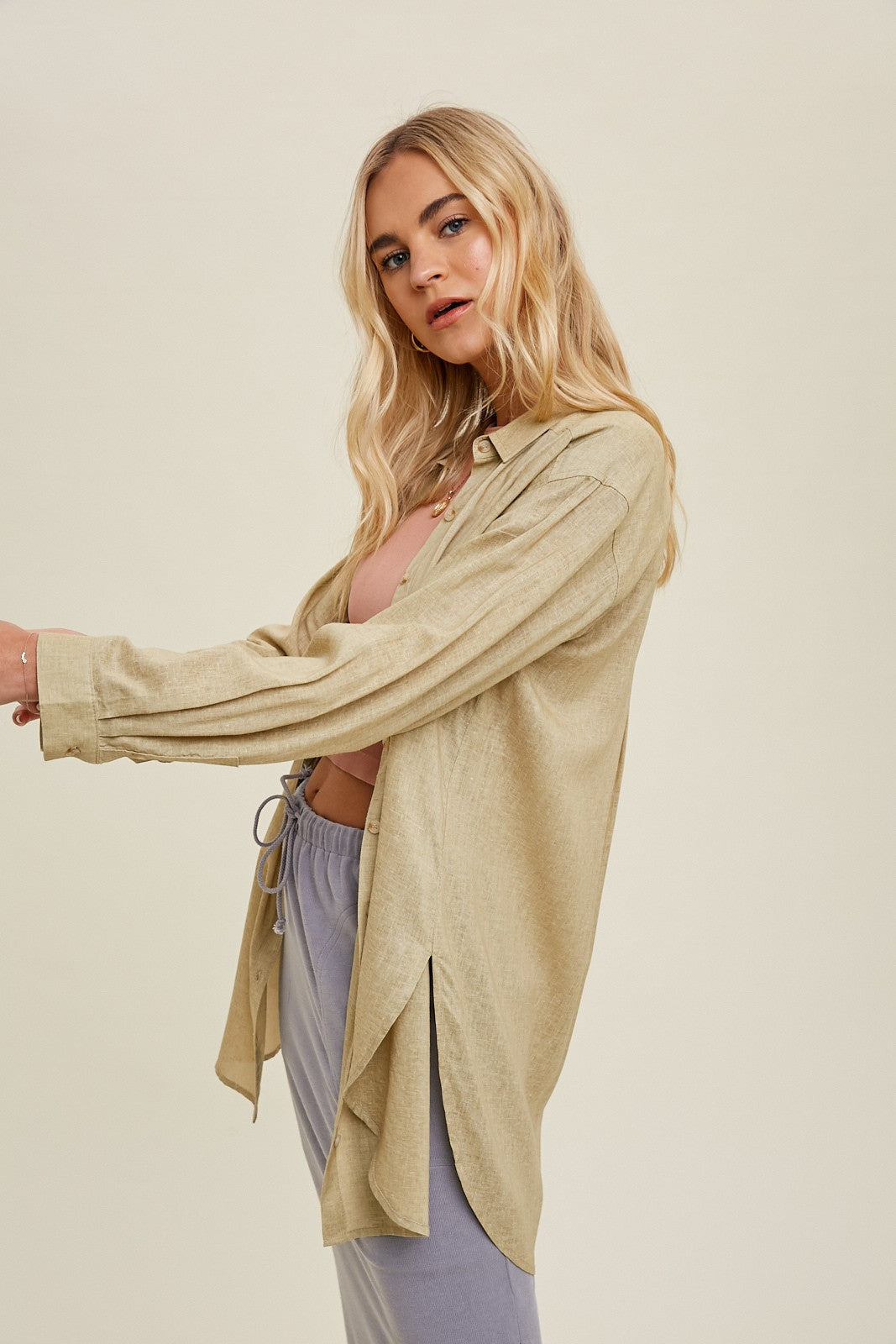 The Jenna Oversized Linen Button Up Top | Dijon |