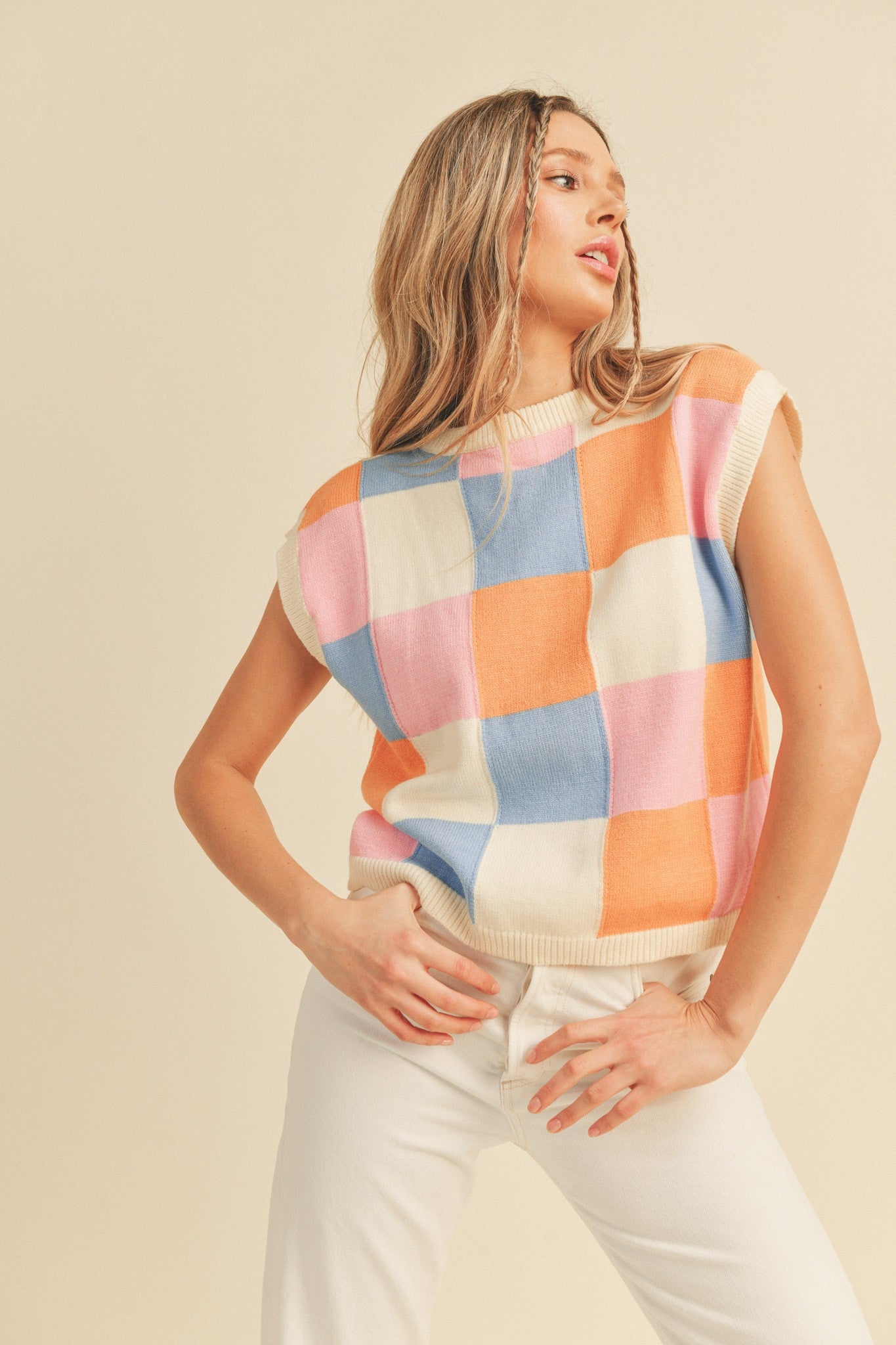 The Mia Colorful Checkered Sweater Vest | Ivory Multi |