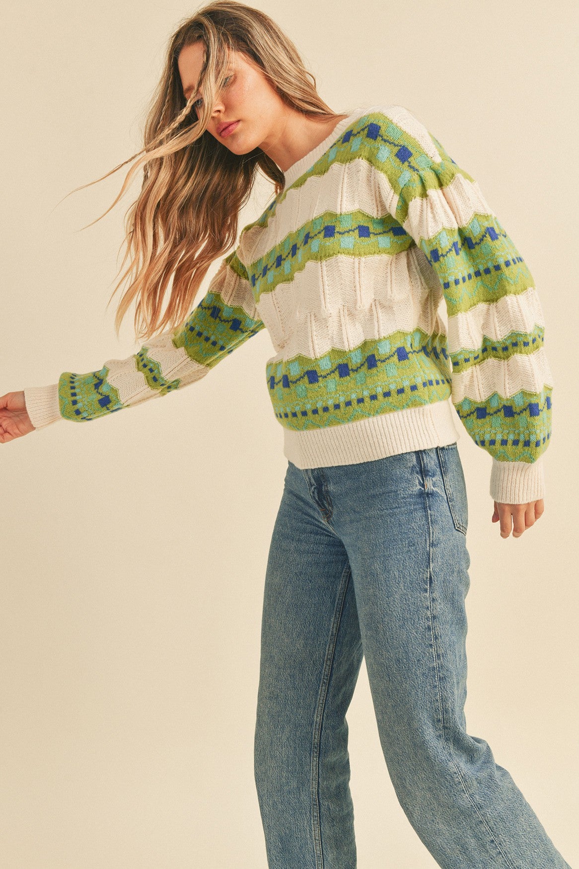 The Hannah Striped Puffed Sleeve Sweater | Ivory + Green |