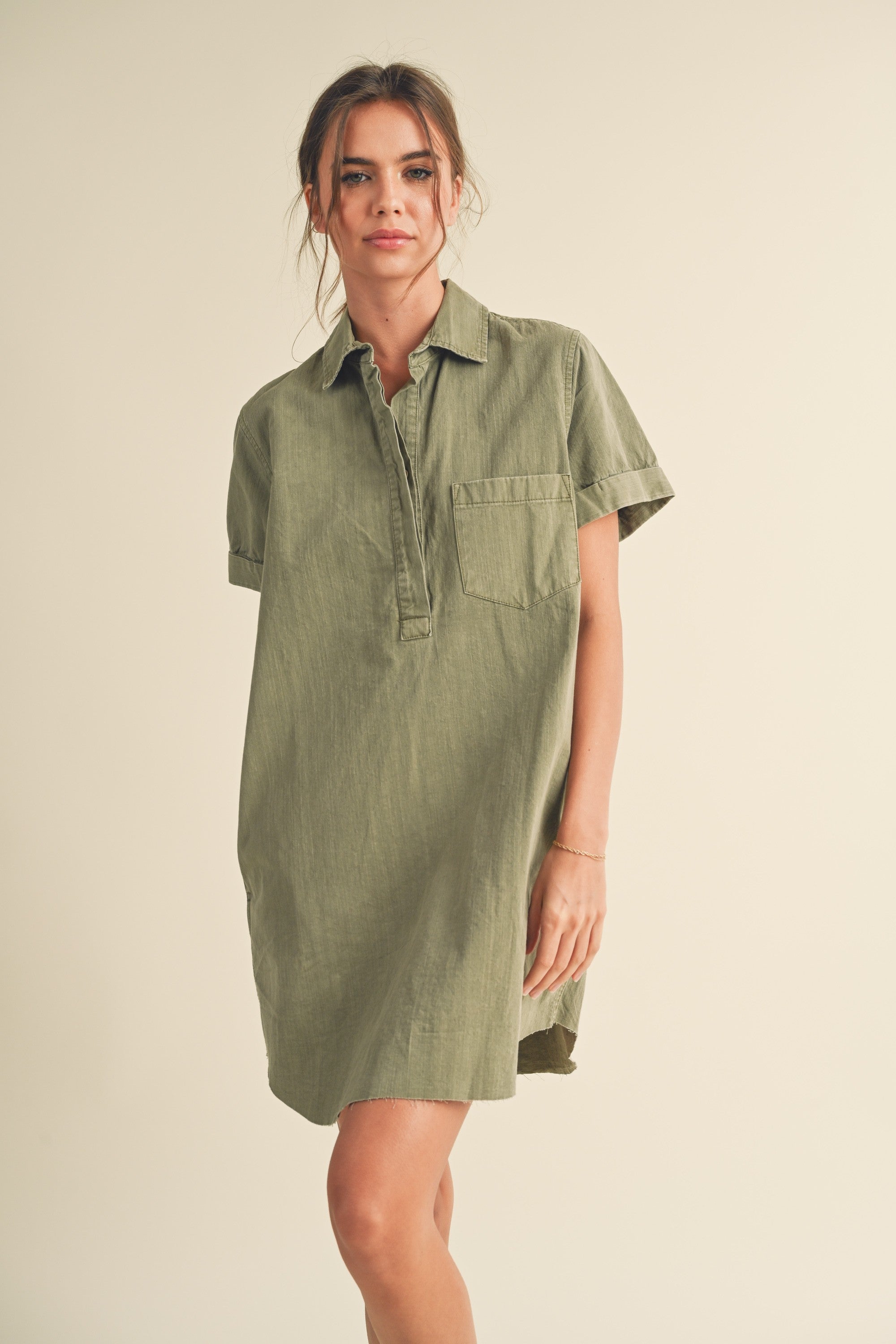 The Ruthie Washed Short Sleeve Shirt Dress | Olive |