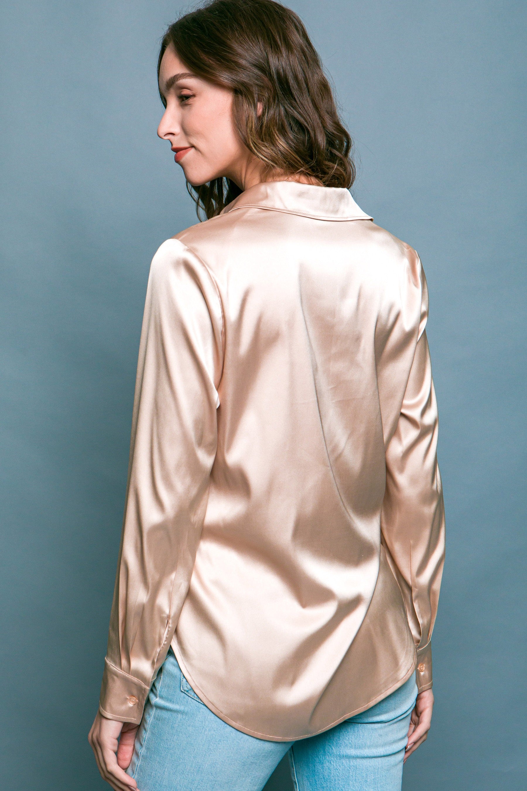 The Stella Satin Long Sleeve Button Up Top | Khaki |
