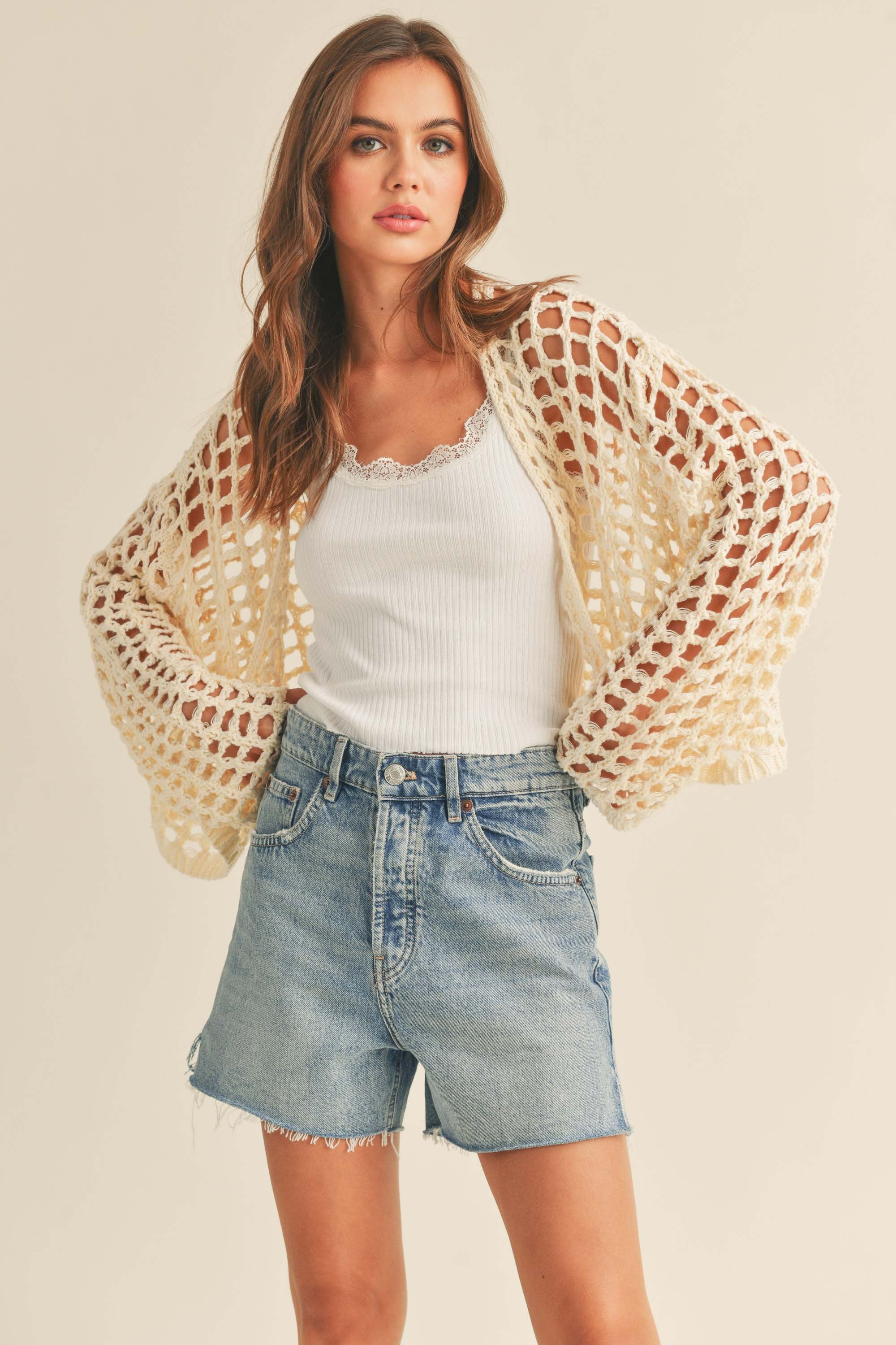 The Channing Crochet Knit Cropped Cardigan Sweater | Cream |