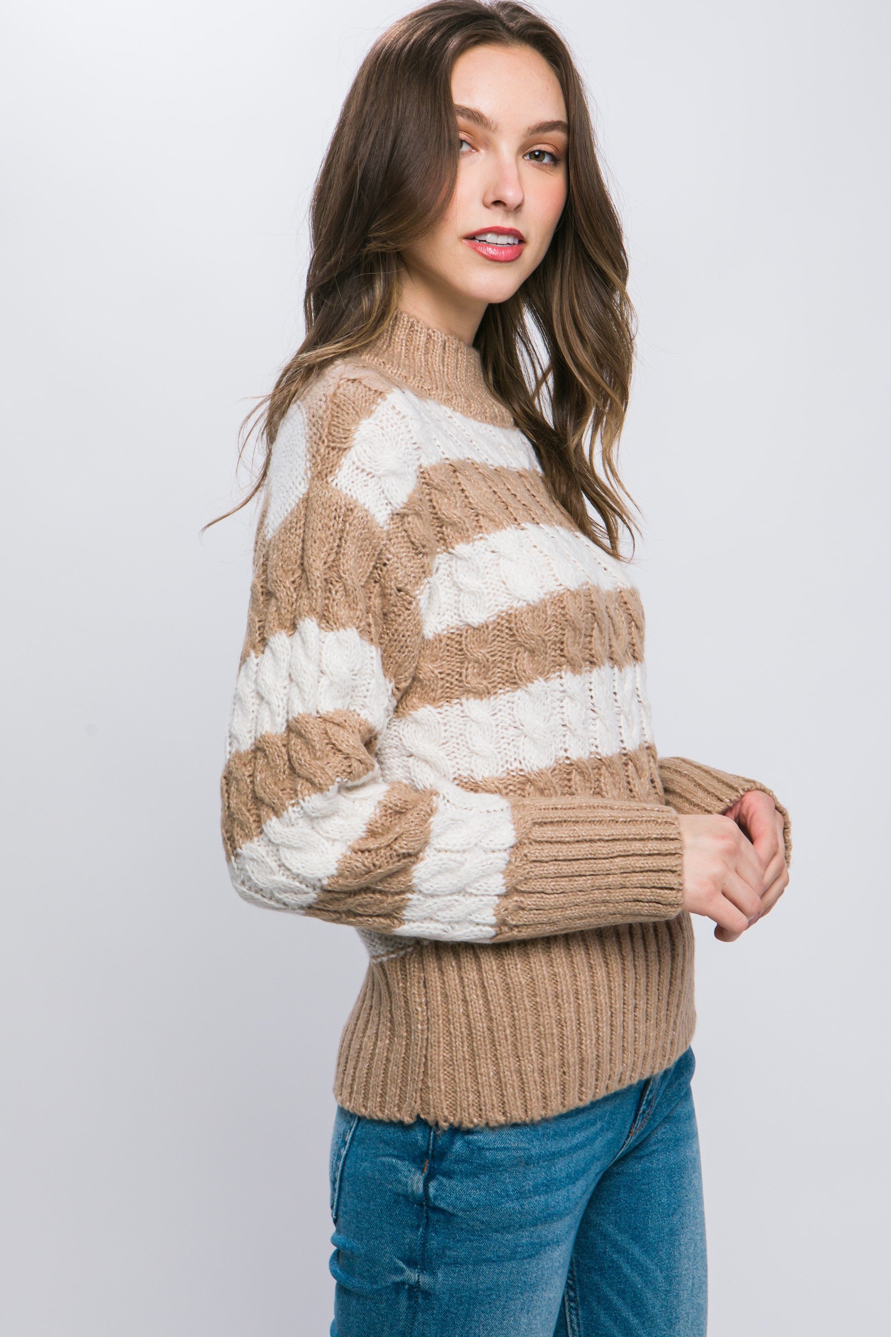 The Pippa Striped Cable Knit Pullover Sweater | Khaki |