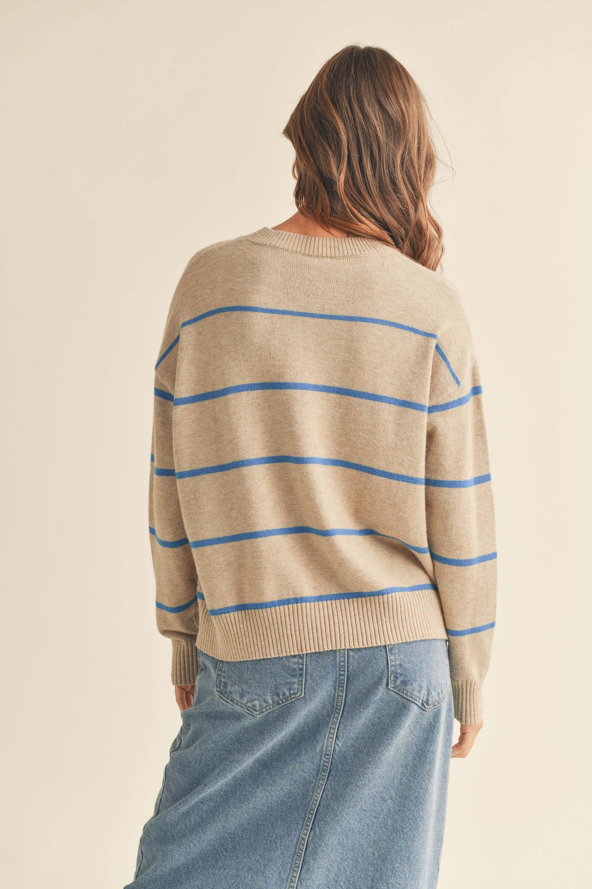The Natalie Striped Sweater | Taupe + Blue |