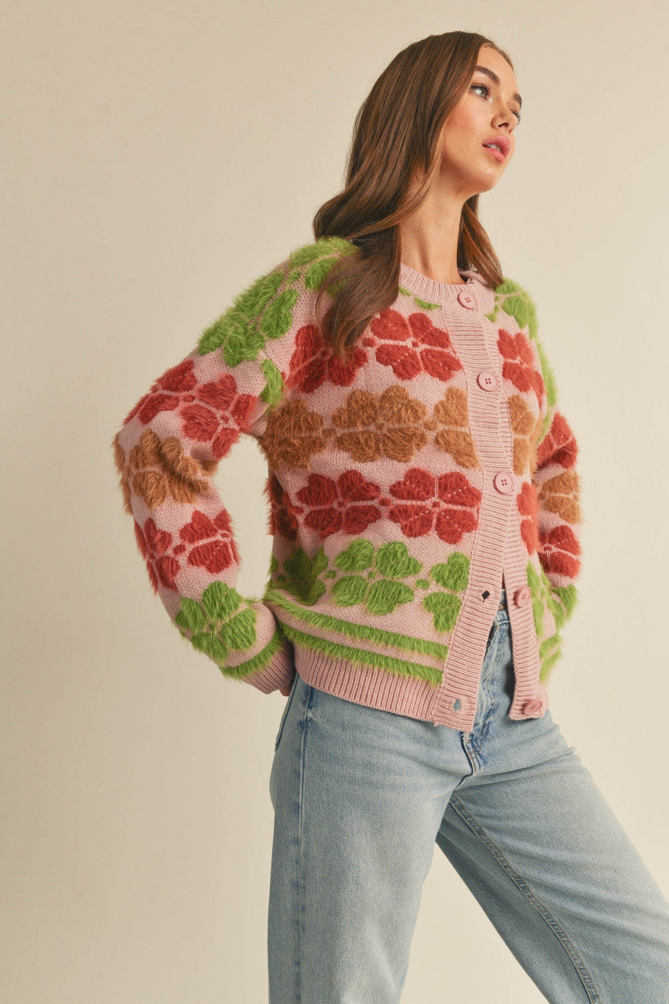 The Ellie Shaggy Floral Cardigan Sweater | Pink Multi |