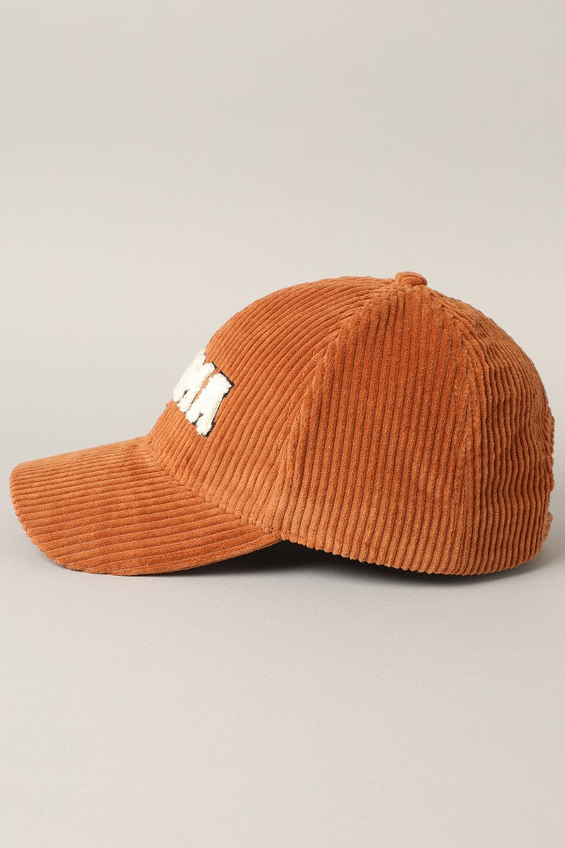 The MAMA 3D Embroidered Corduroy Baseball Cap | Rust Brown |