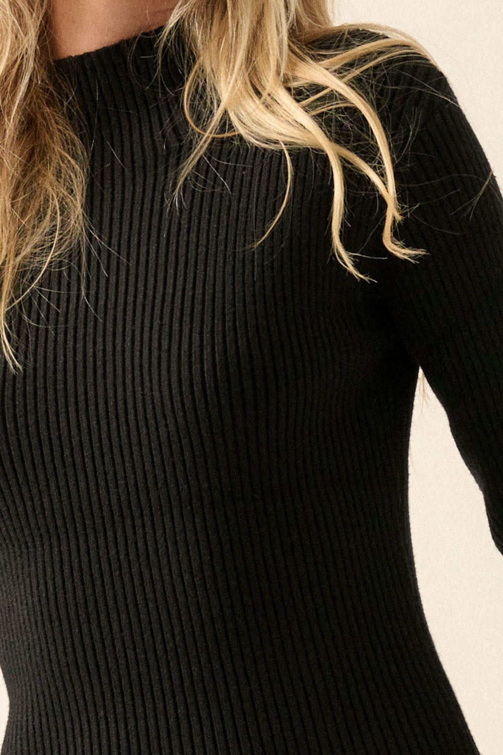 The Ashlyn High Neck Ribbed Midi Sweater Dress | Black |