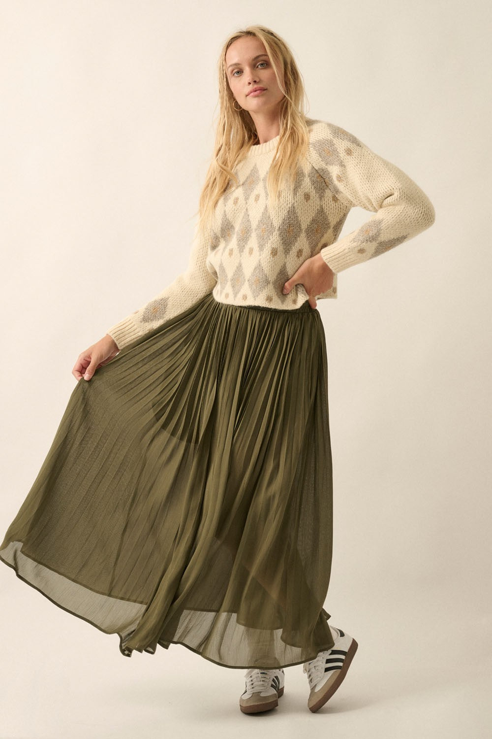 The Winnie Solid Pleated Chiffon Maxi Skirt | Muted Green |