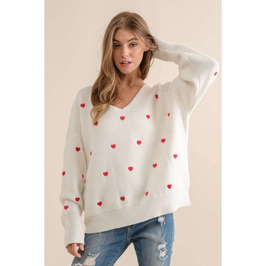 The Sophie Heart Boxy Knit Pullover Sweater | White |