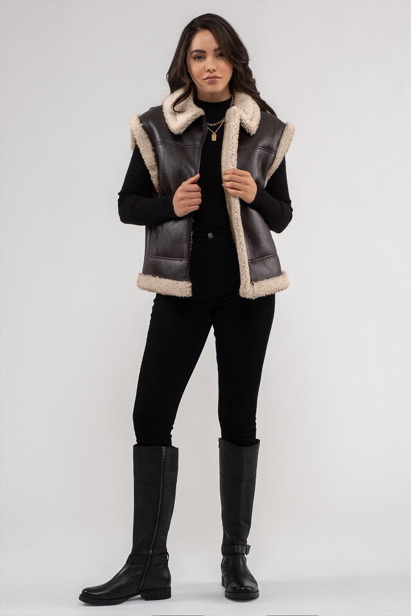 The Sara Faux Leather Shearling Vest | Dark Brown |