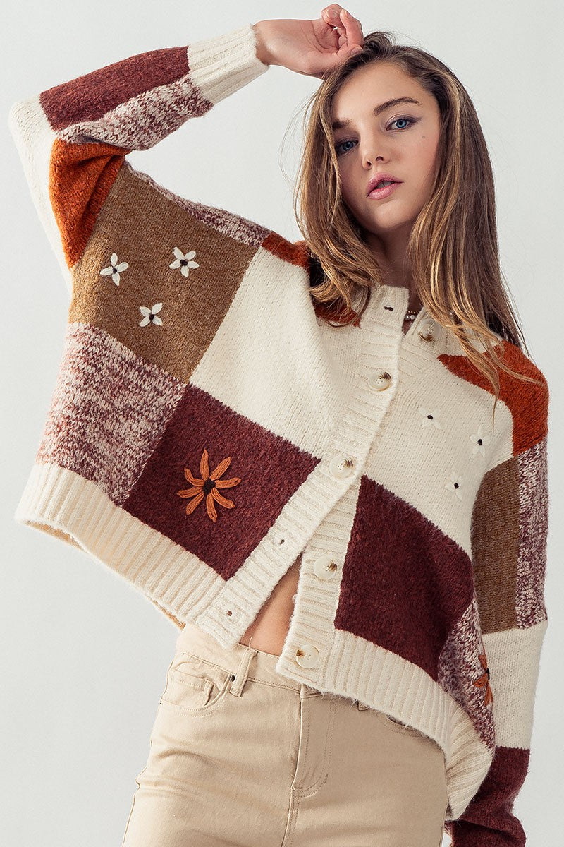 The Chloe Color Block Daisy Knit Cardigan Sweater | Multi |