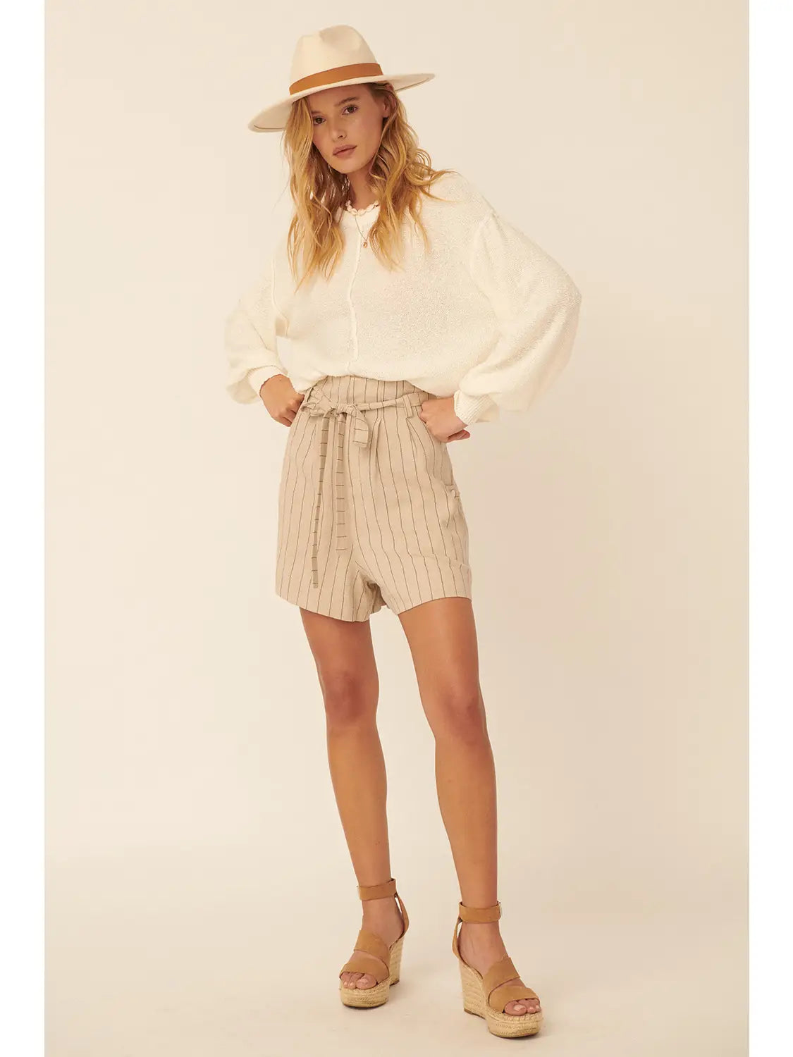 The Natalie Linen Pinstriped Belted Shorts | Oatmeal |