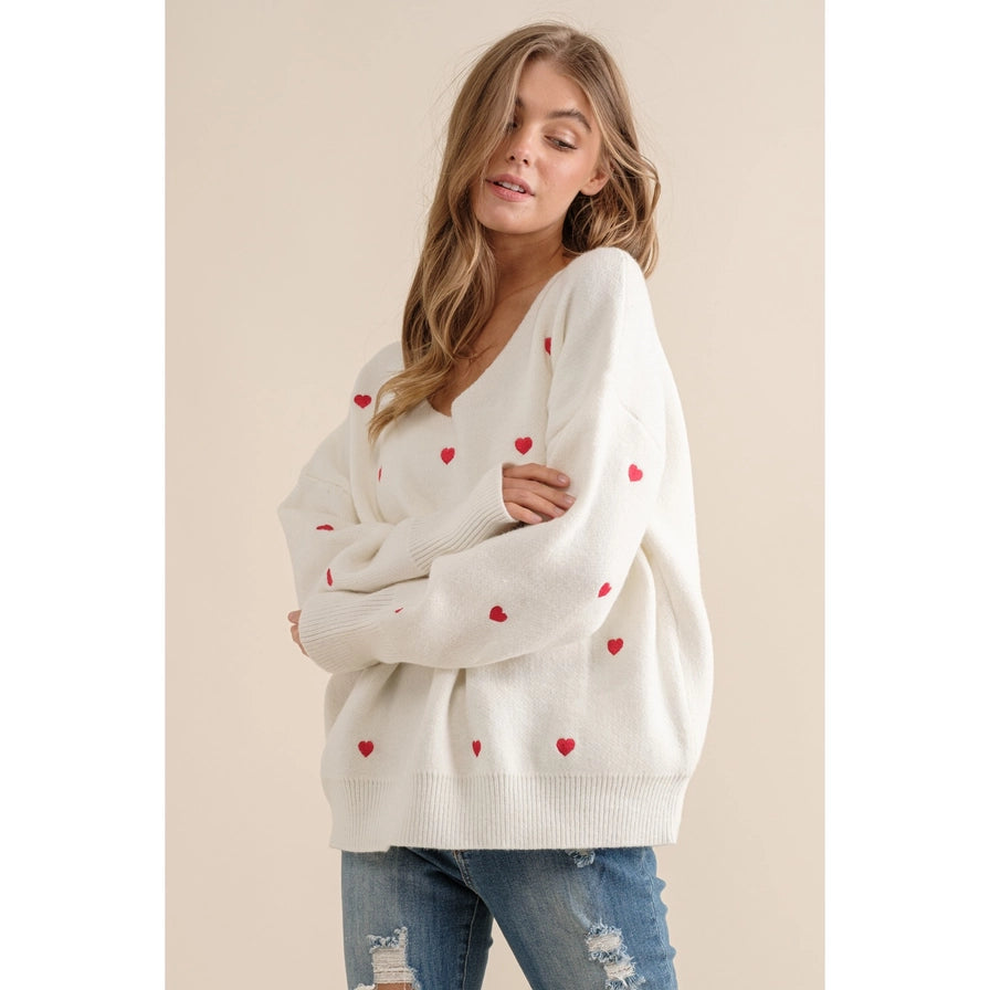 The Sophie Heart Boxy Knit Pullover Sweater | White |
