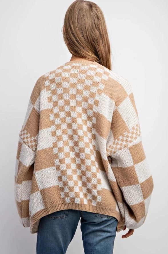 The Alex Mixed Checkered Knit Cardigan Sweater | Taupe