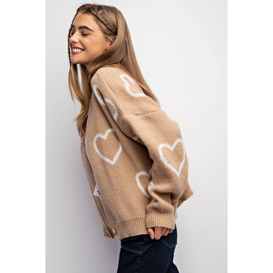 The Libby Jacquard Heart Classic Cardigan Sweater | Taupe |