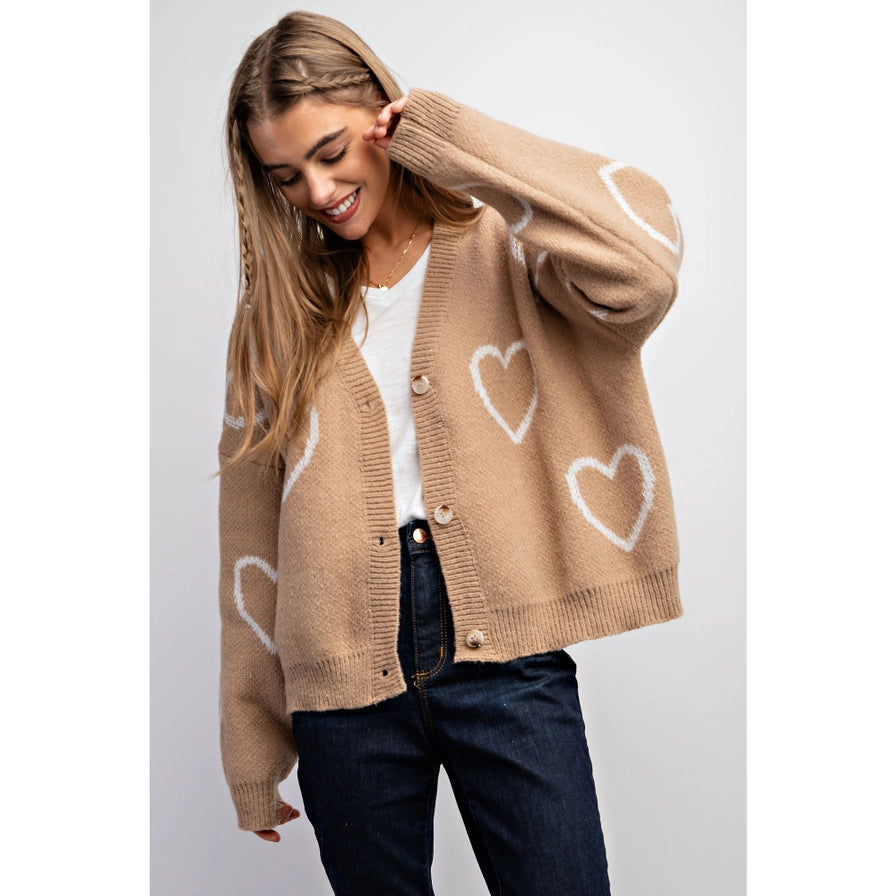 The Libby Jacquard Heart Classic Cardigan Sweater | Taupe |