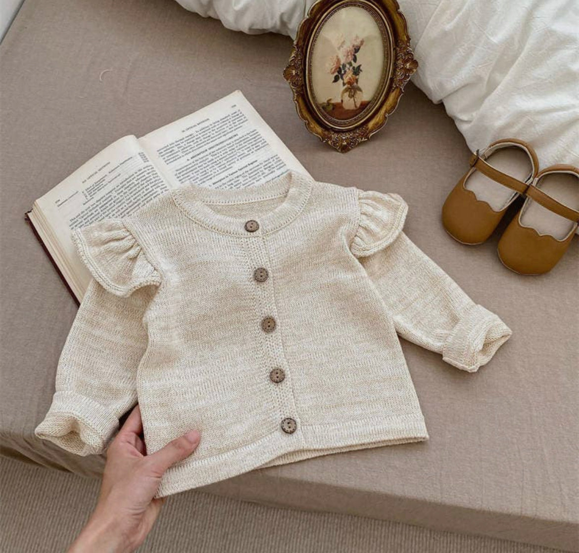 The Micah Baby/Toddler Ruffle Sleeve Cardigan Sweater | Off White + Gold |