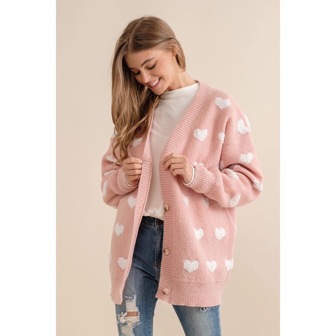 The Brooke All Over Heart Cardigan Sweater | Pink |