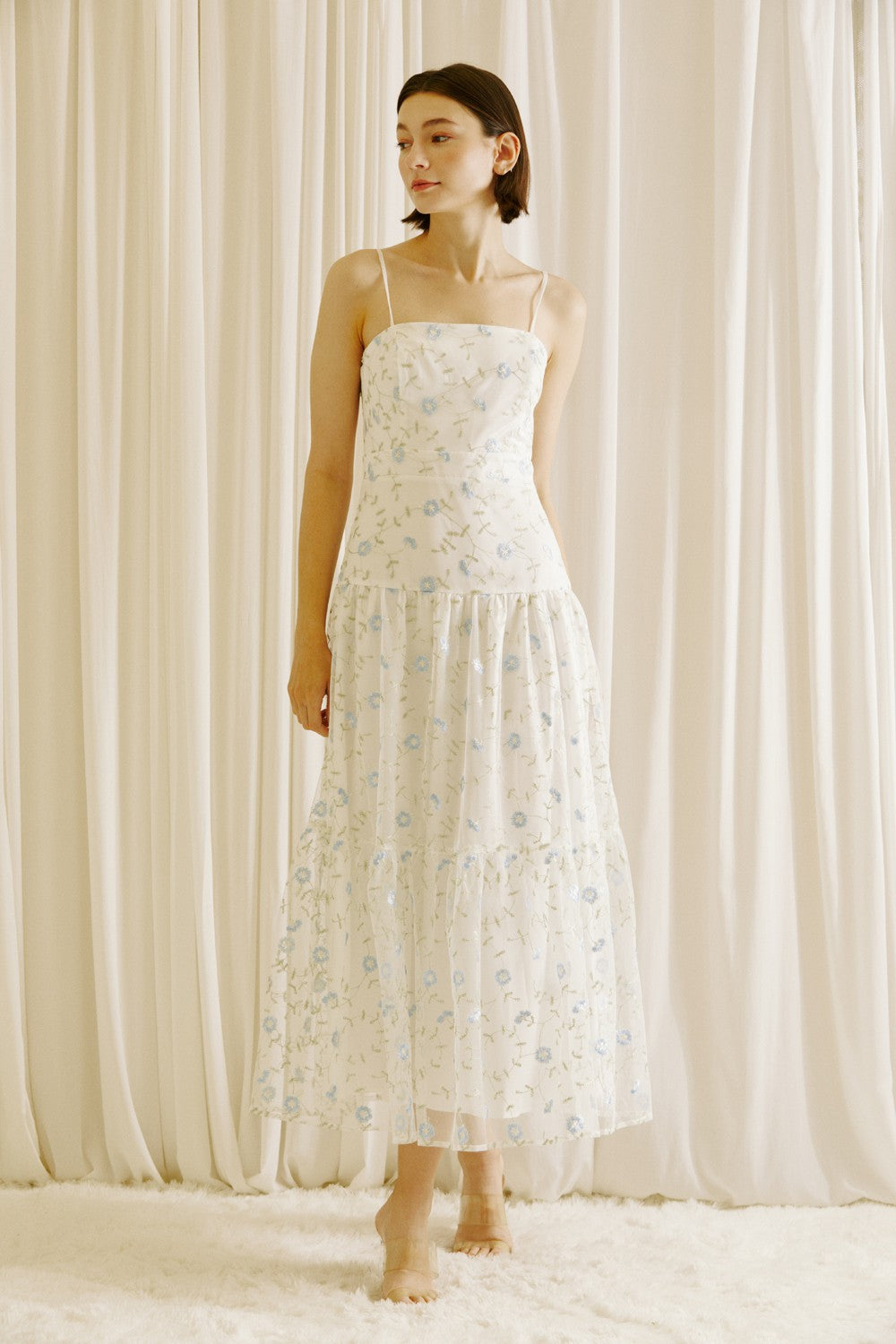 The Demi Embroidered Floral Midi Dress | White + Blue |