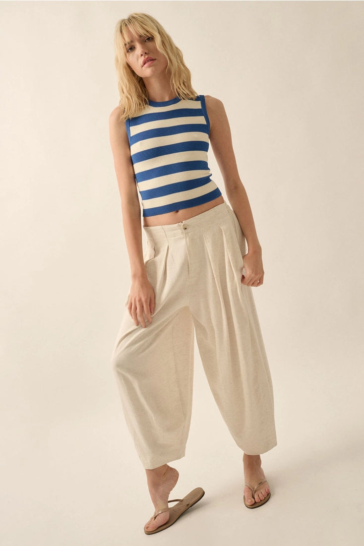 The Nellie Fitted Striped Crew Neck Ribbed Tank Top | Blue + Cream |