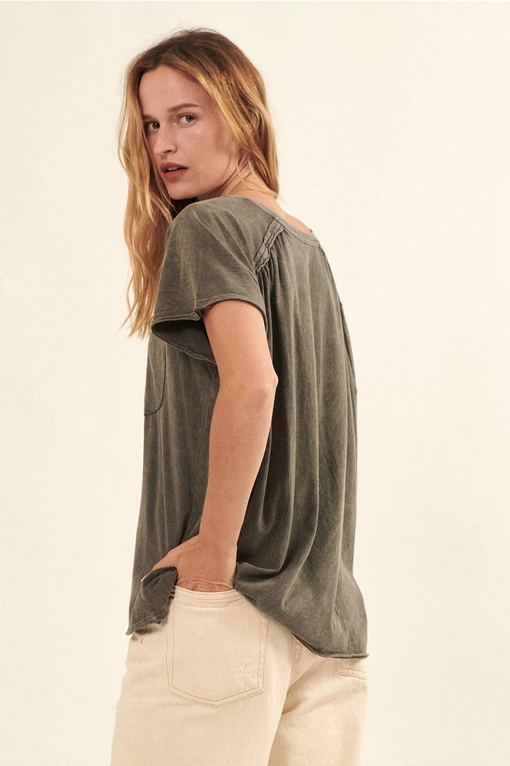 The Lizzie Oversized Mineral Washed Boatneck Pocket Tee | Iron |