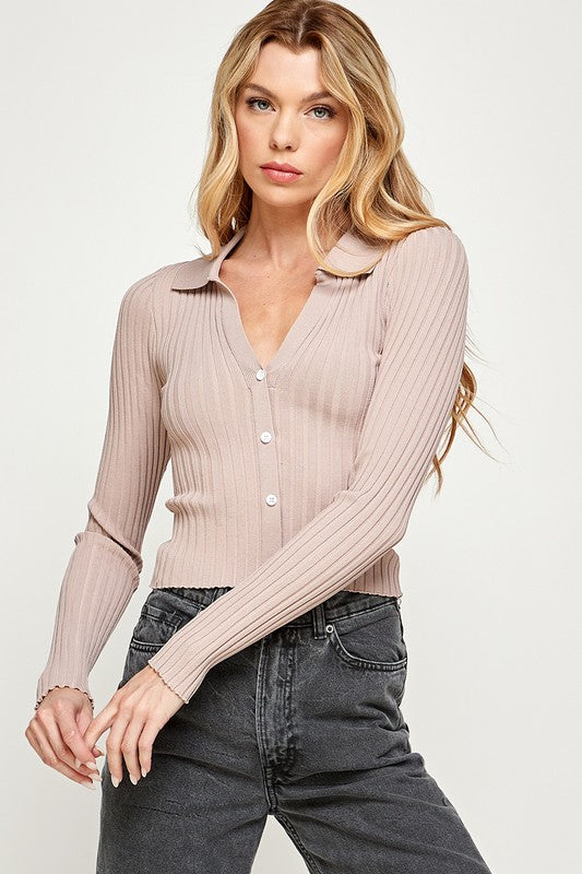 The Rue Collared Button Down Top | Light Taupe |