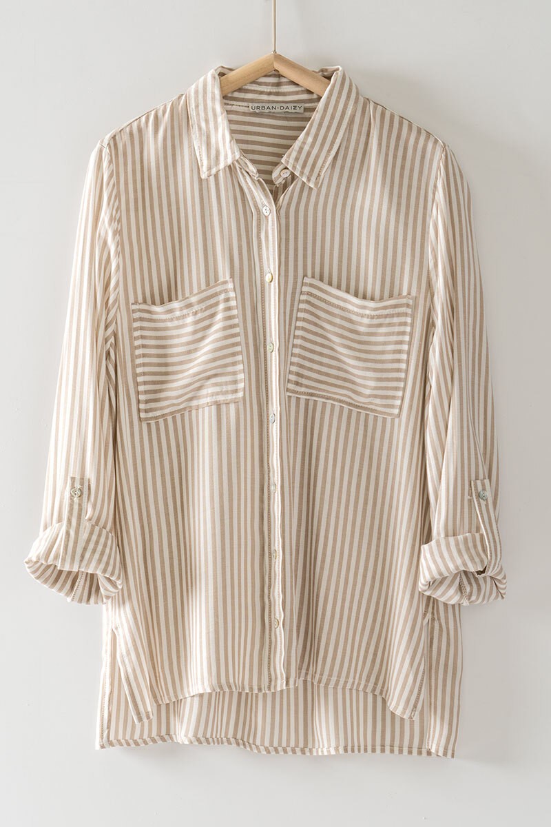 The Chelsea Striped Button Down Top | Taupe |