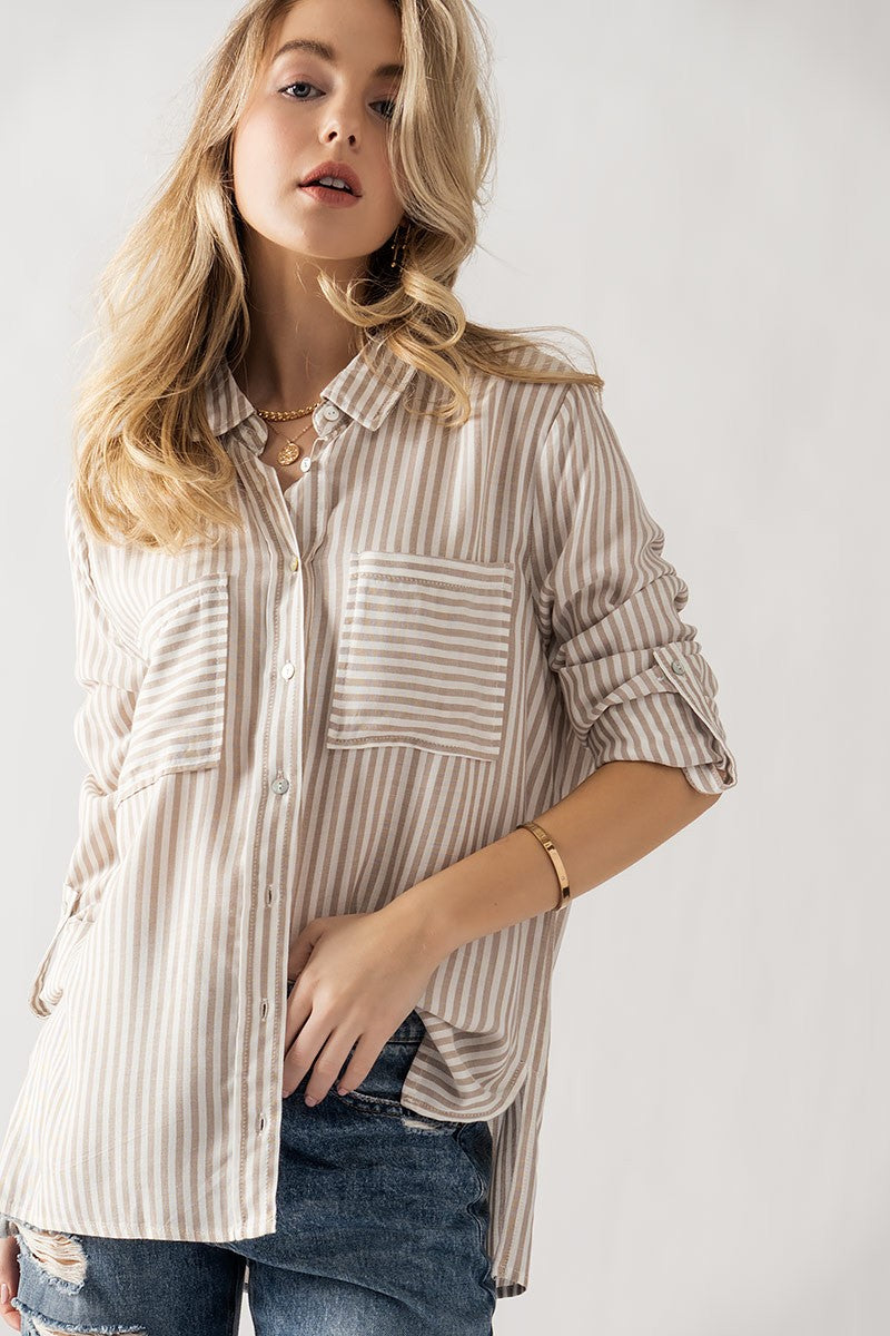 The Chelsea Striped Button Down Top | Taupe |