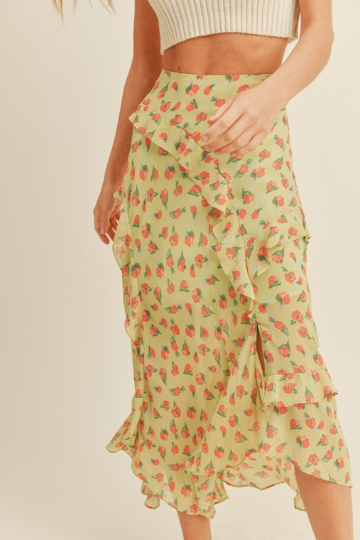 The Lily Floral Ruffle Midi Skirt | Lime |