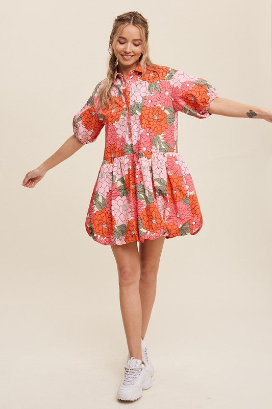 The Jula Flower Print Bubble Mini Dress | Coral Multi |