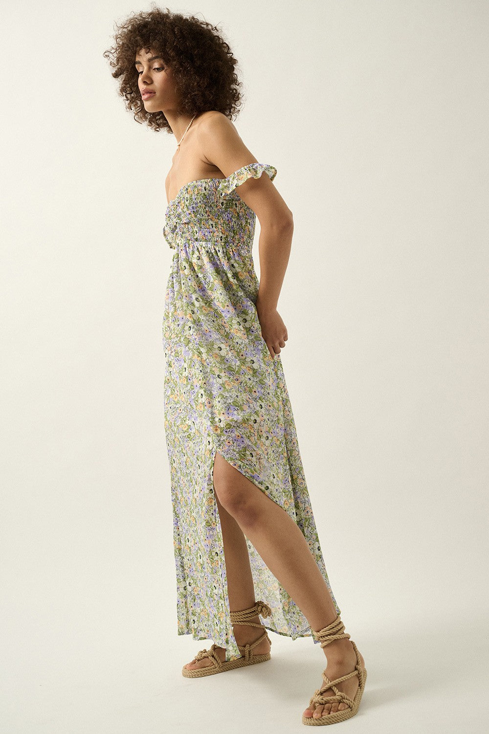 The Celia Floral Off-Shoulder Maxi Dress | Lavender + Green |