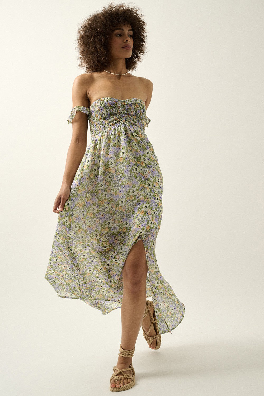 The Celia Floral Off-Shoulder Maxi Dress | Lavender + Green |